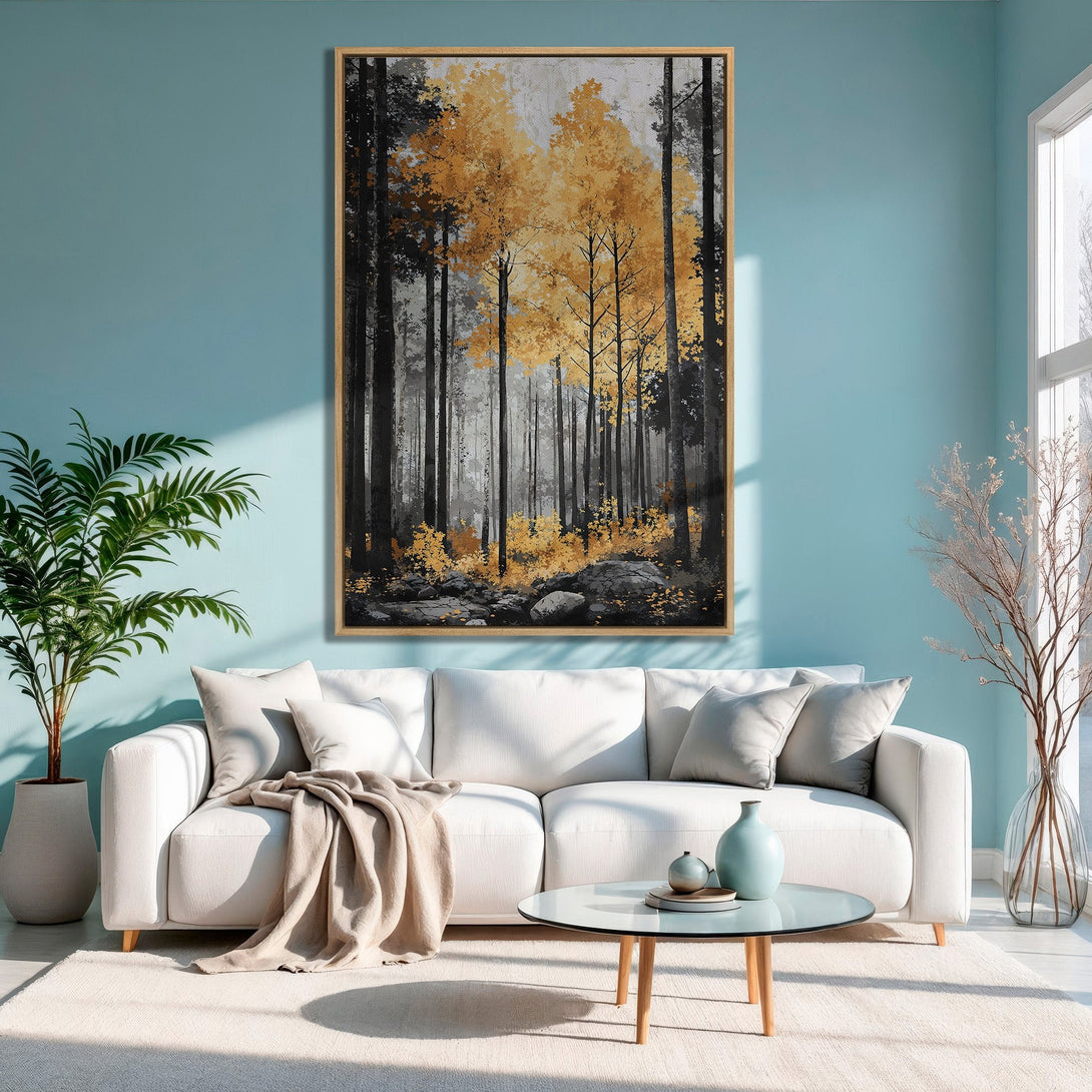 Framed Wall Art featuring a forest scene with gold and black trees. Modern art print in a living room with a teal wall.