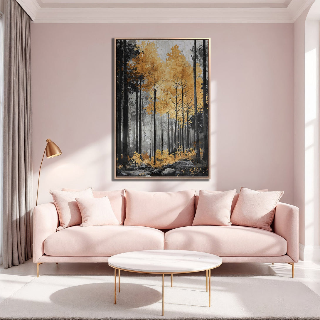 Framed Wall Art: Abstract forest scene in gold, black, and gray tones, displayed above a pink sofa. Modern art for living room decor.