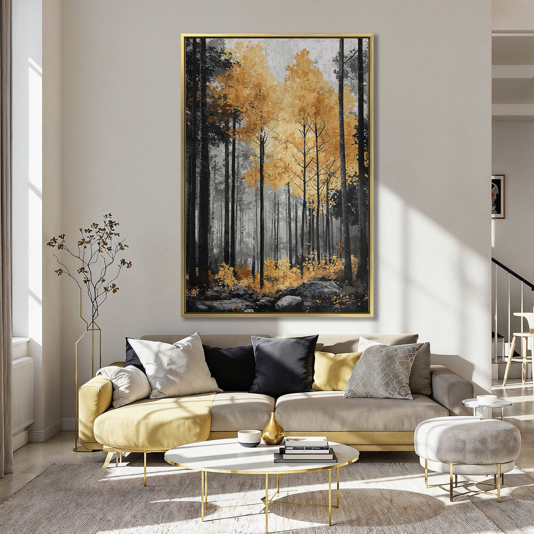 Canvas Print: Forest scene with orange and black trees. Modern art in a kitchen with pink walls, adding a touch of nature to your home decor.