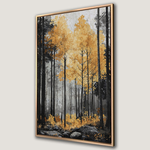 Framed Wall Art: Abstract forest scene in grayscale with pops of gold and yellow. Modern canvas print of trees and foliage, perfect for home decor.