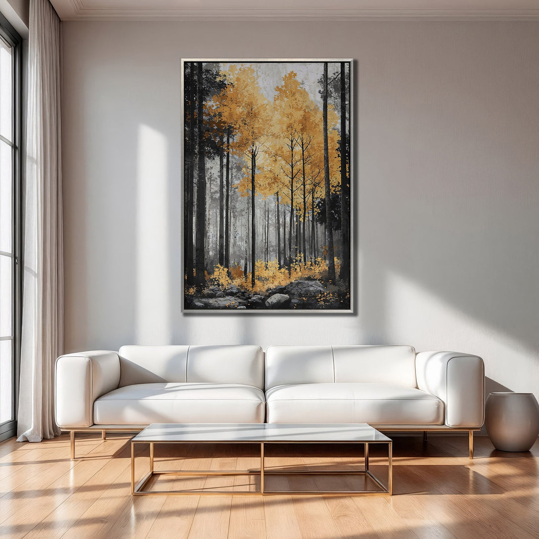 Framed Wall Art: Abstract forest scene in gold, black, and gray. Modern art canvas print adds warmth and style to any interior.