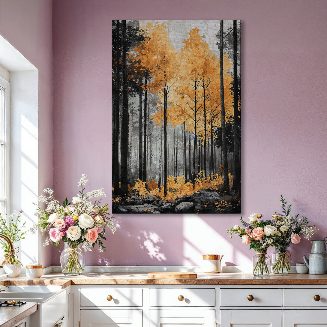 Framed Wall Art featuring an abstract forest scene with a gold, gray, and black color palette. Perfect for adding a touch of nature-inspired art to your home.