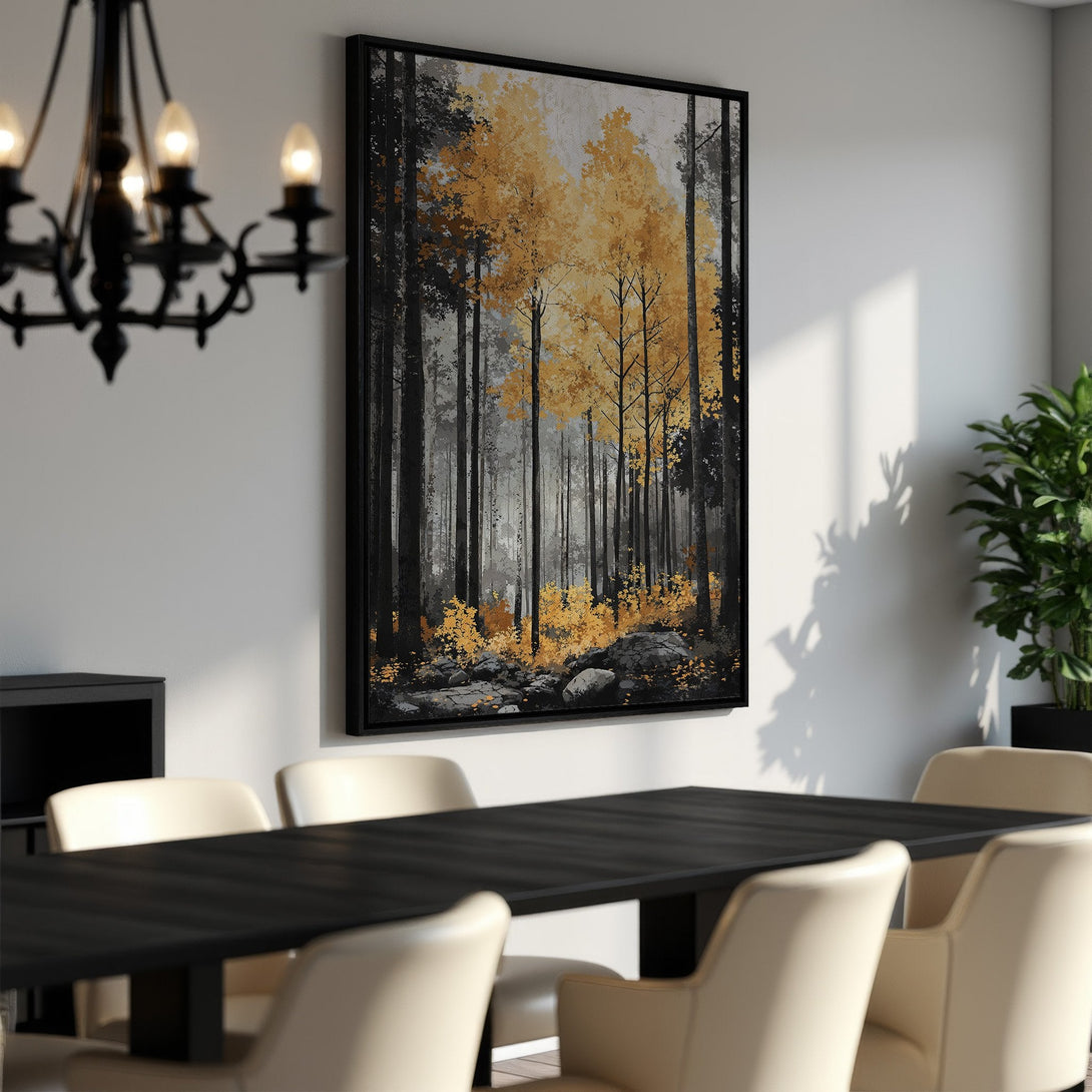 Framed Wall Art: Abstract forest scene in black, gold, and gray. Modern canvas print adds a touch of nature to your dining room decor.