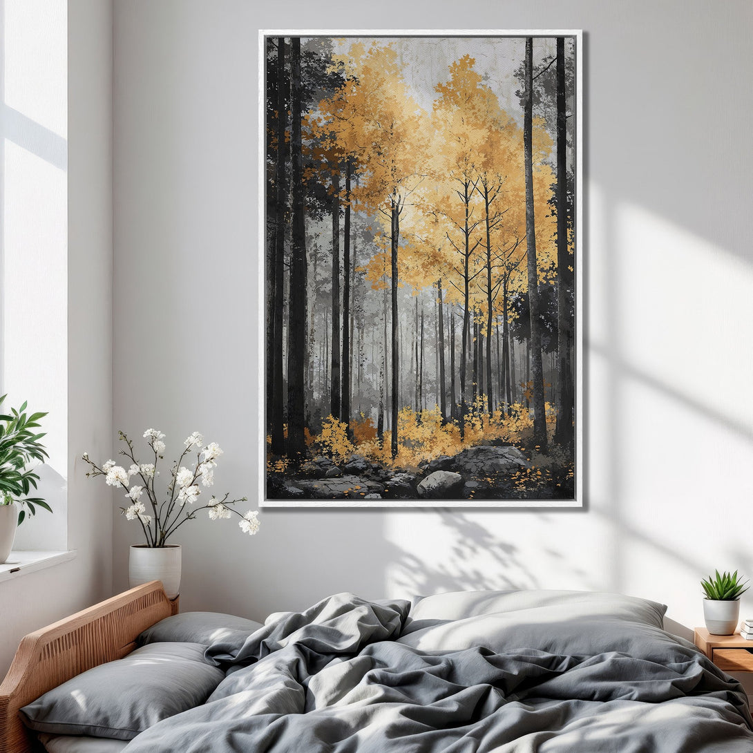 Framed Wall Art: Abstract forest scene in gold, gray, and black. Modern art print adds a touch of nature to your bedroom decor.