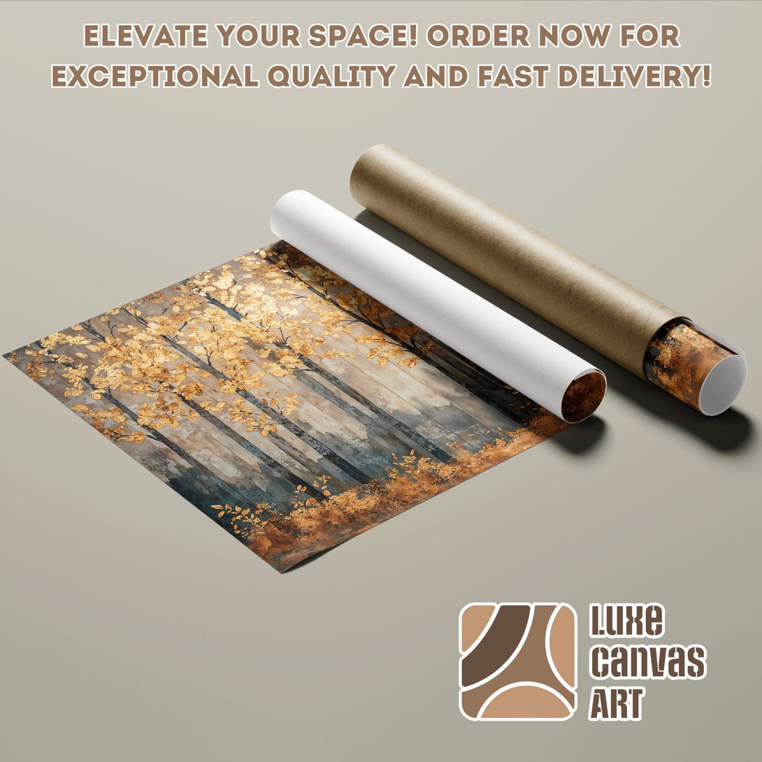 Poster Roll with forest art, warm gold & gray tones. Elevate your space with this stunning art!