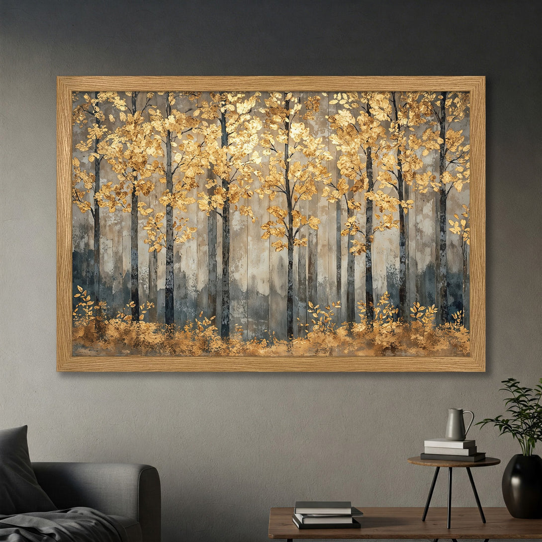 Framed Poster featuring a golden forest scene. Artistic style with gold, gray, and brown color palette. Perfect wall art for any room!