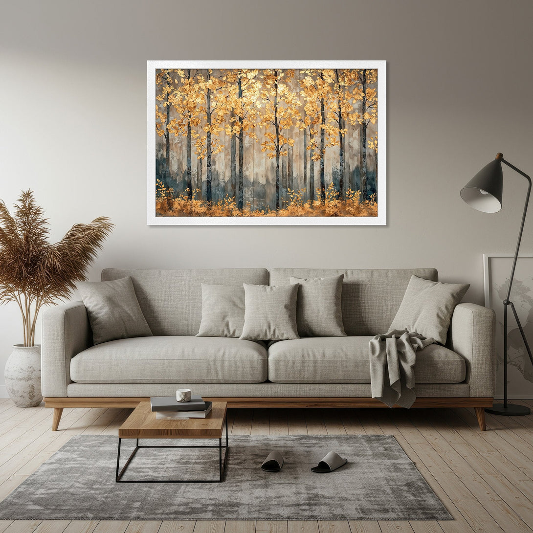 Framed Poster featuring an abstract forest with gold and teal tones, perfect for adding a touch of nature-inspired art to your home.