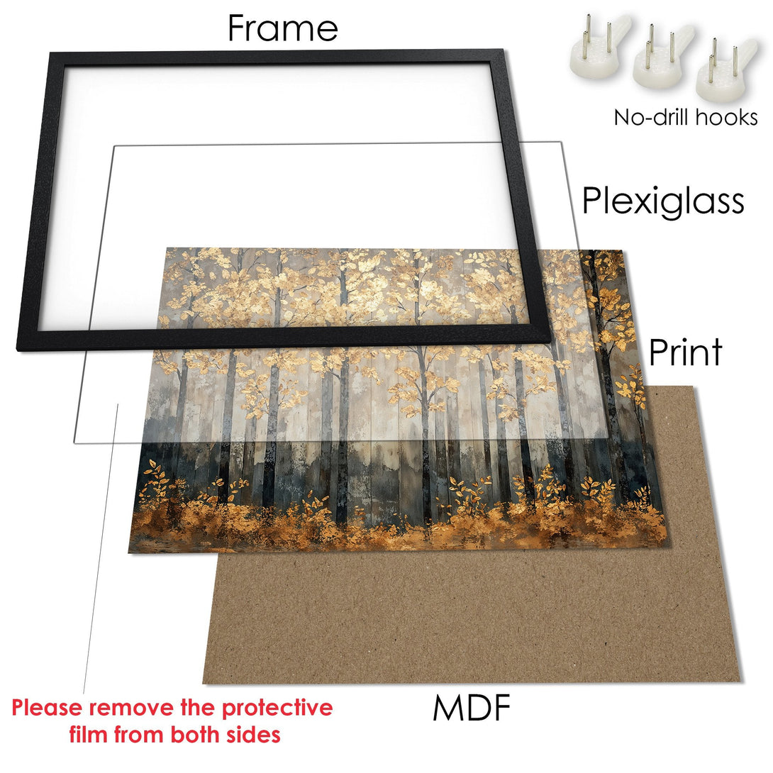 Framed Poster featuring a gold and gray forest scene. Elegant art print with a neutral color palette. Perfect wall decor.