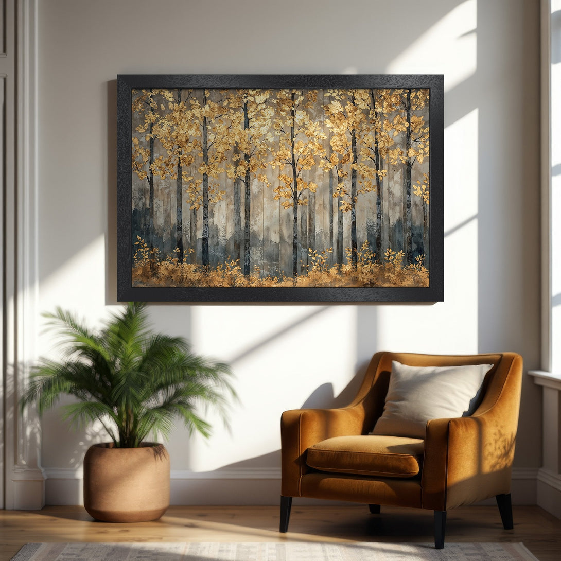 Framed Poster featuring a gold leaf forest scene. Warm color palette, perfect for modern home decor.