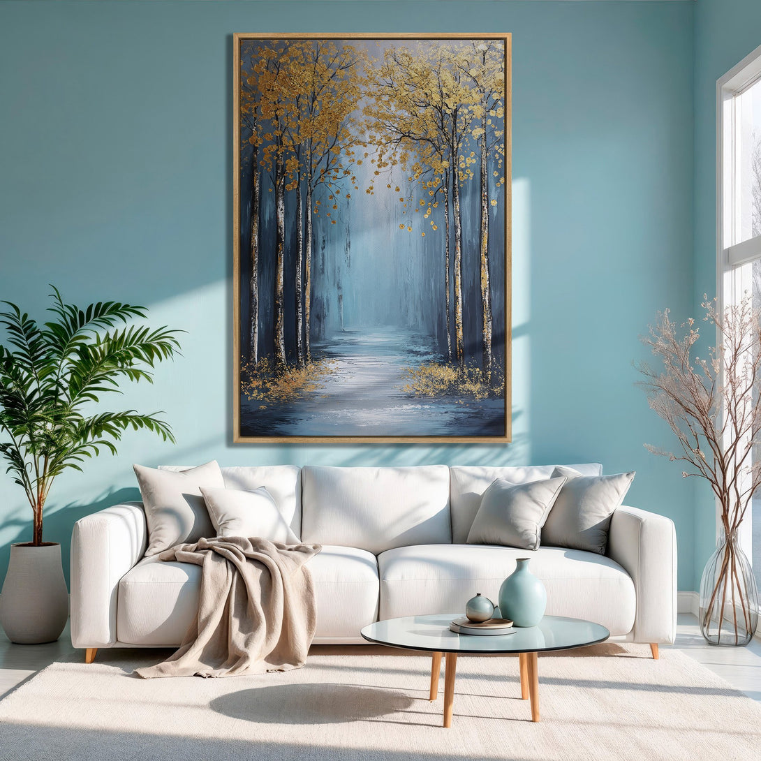 Framed Wall Art: Abstract forest scene in blue & gold. Modern canvas print adds elegance to any space. Shop now for stunning wall decor!