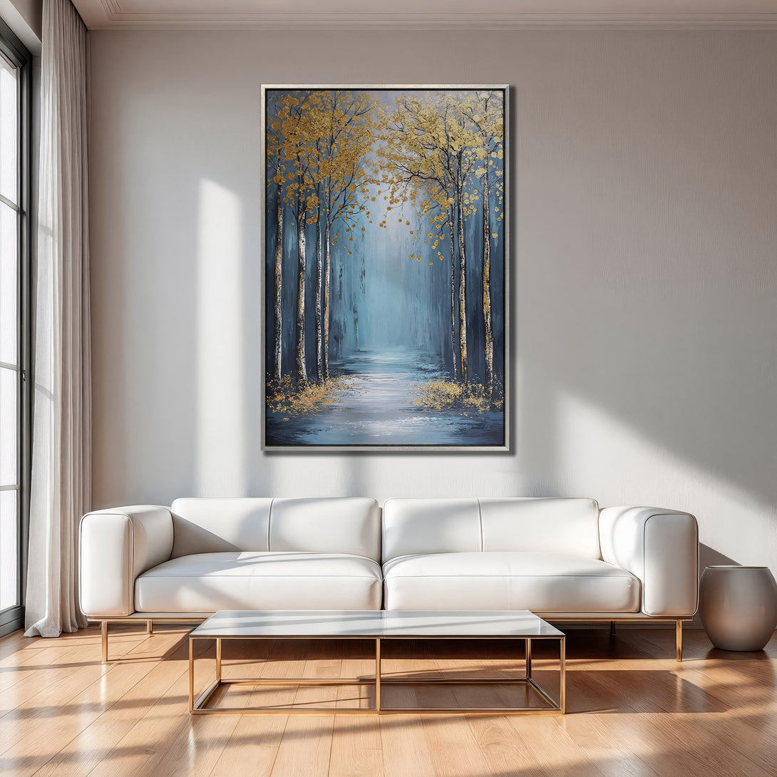 Framed Wall Art: Forest scene with gold accents. Modern canvas print with blue and gold color palette, perfect for living room decor.