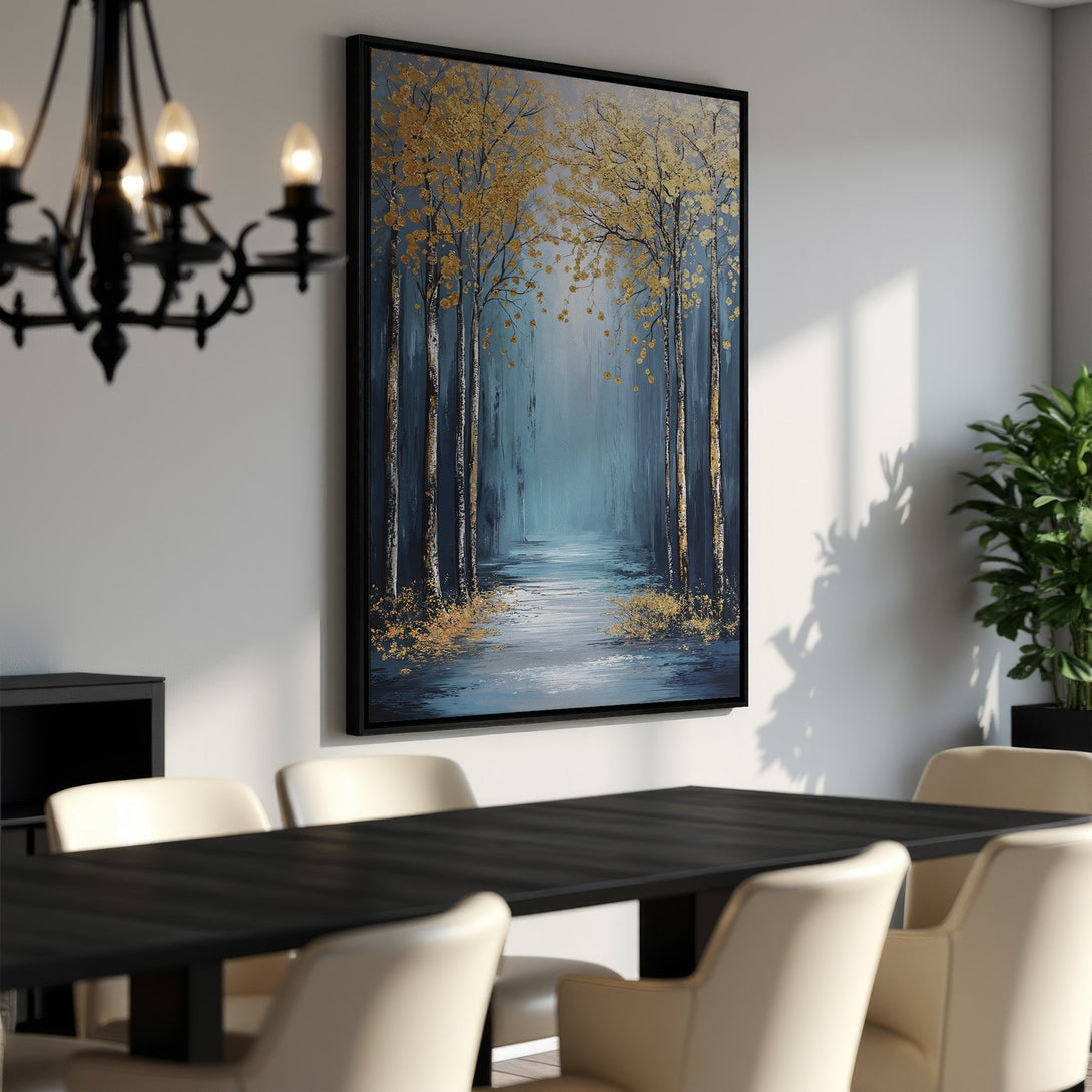 Framed Wall Art: Serene forest scene canvas print with blue, gold, and white tones. Perfect for adding a touch of nature-inspired elegance to your dining room.