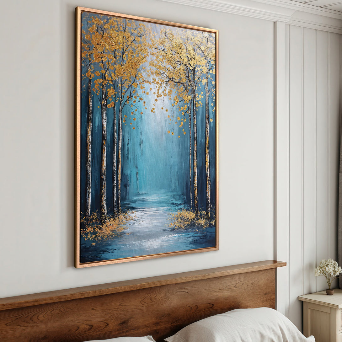 Framed Wall Art: Serene forest scene in teal and gold. Modern canvas print adds a touch of elegance to any room. Shop now for stunning wall decor!