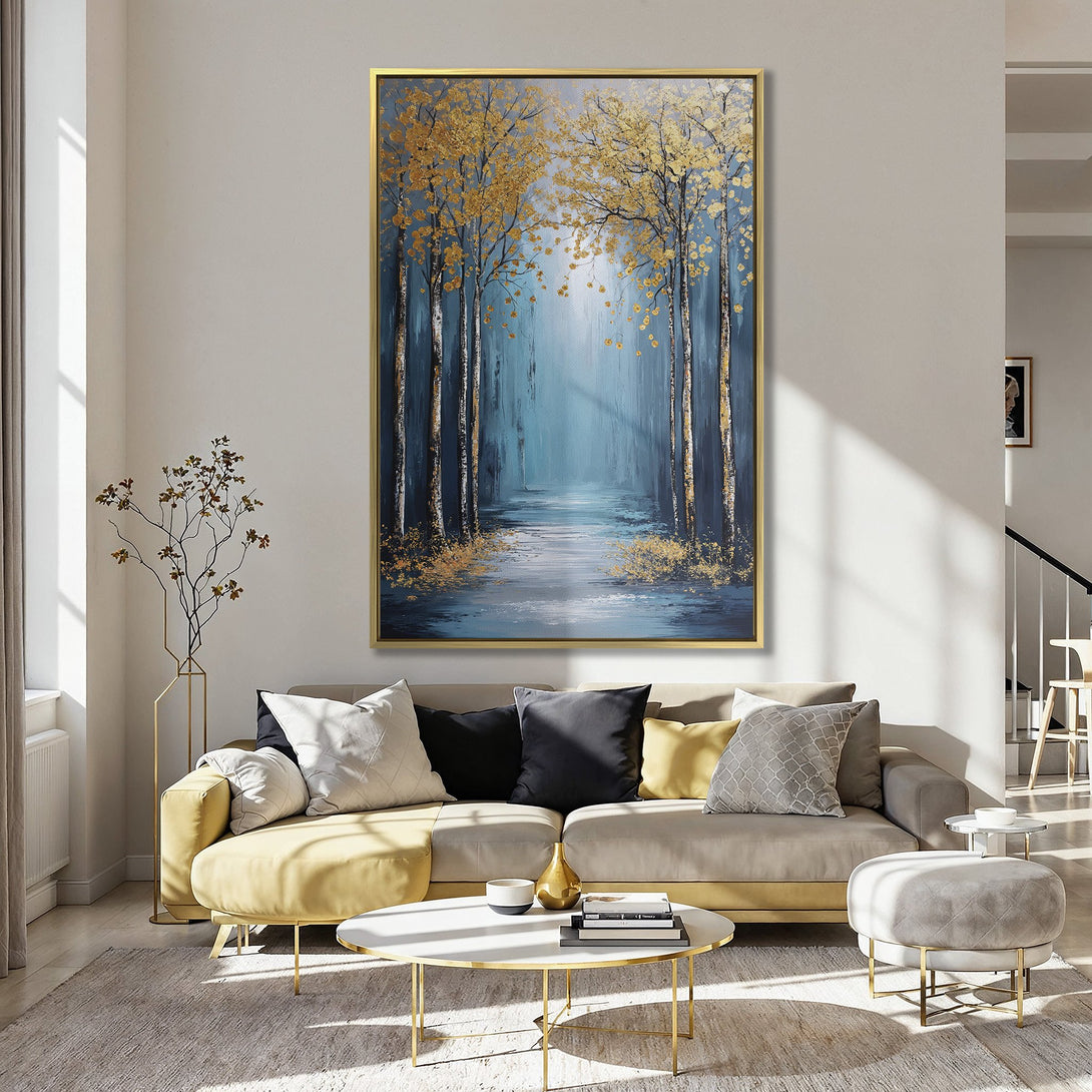 Canvas Print of a serene forest scene with gold foliage and blue/teal hues. Perfect wall art for a calming, nature-inspired interior.