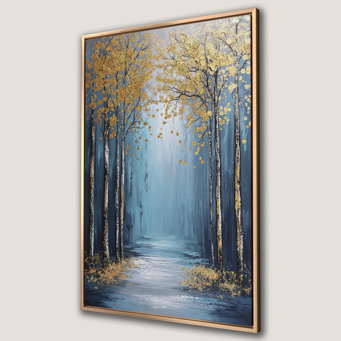 Framed Wall Art: Serene forest scene with gold leaf trees, blue and gold color palette. Perfect for adding a touch of elegance to your home decor.
