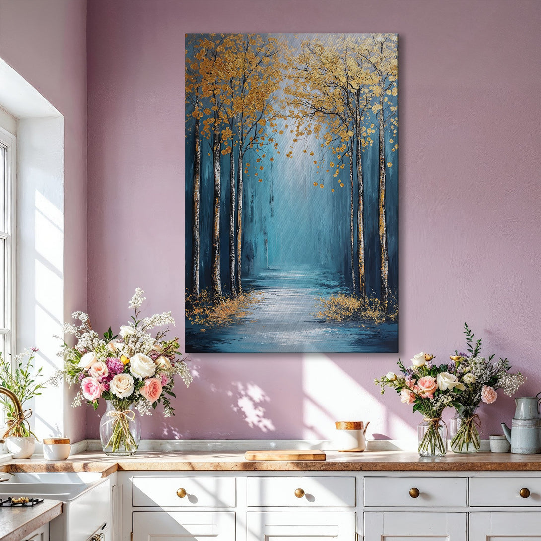 Framed Wall Art: Serene forest scene in blue and gold tones. Modern abstract painting adds a touch of elegance to any living room. Shop now!