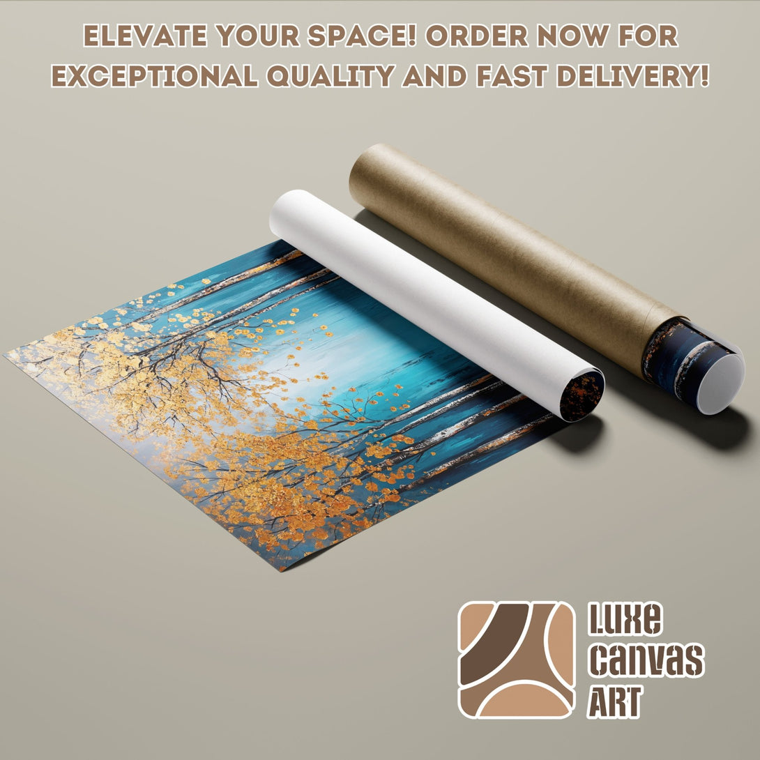 Poster Roll featuring an abstract tree art print with a blue and gold color palette. Elevate your space!