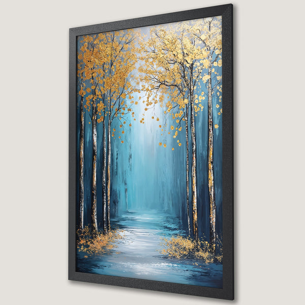Framed Poster featuring a serene forest scene with gold foliage, painted in a calming blue and gold palette. Perfect wall art!