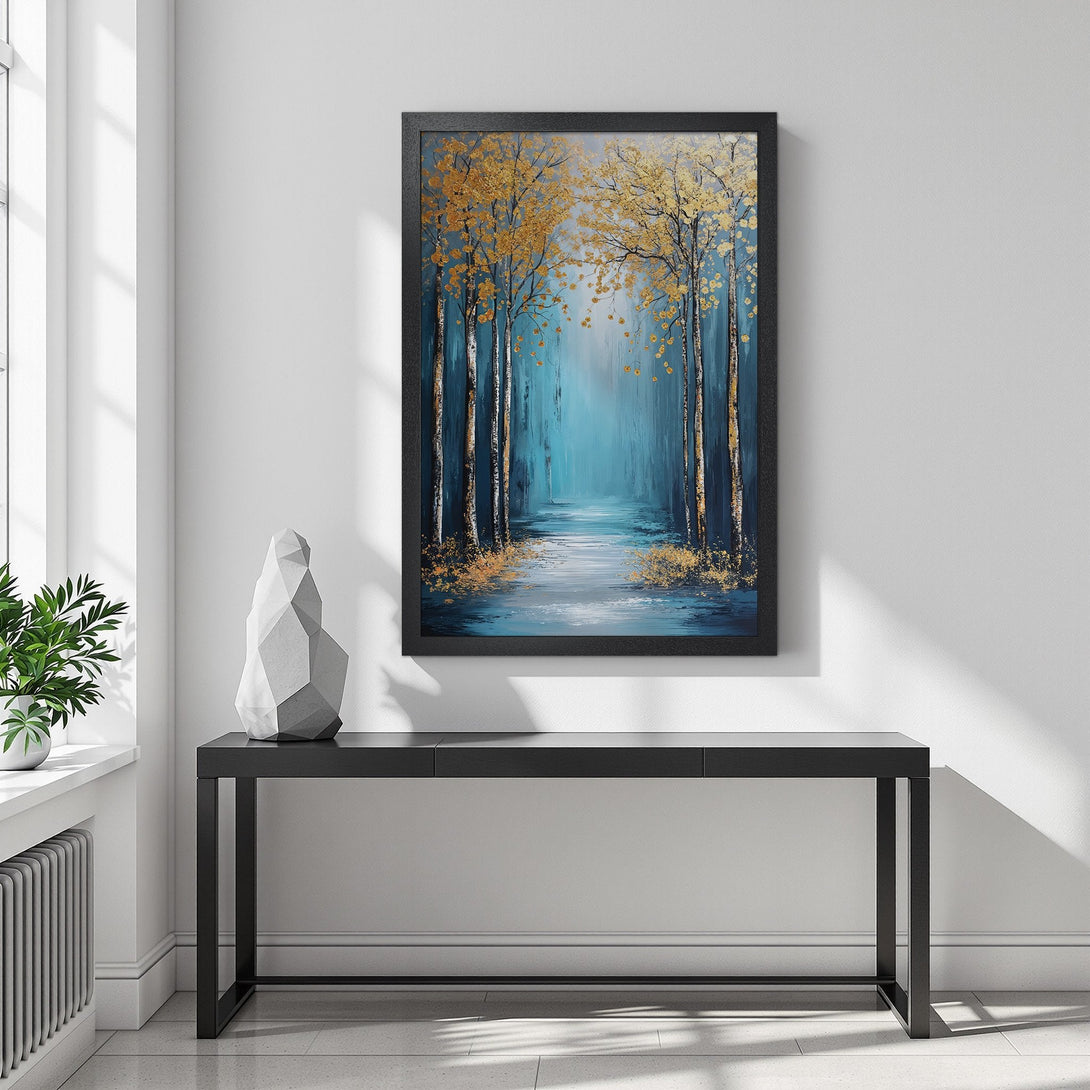 Framed Poster of a serene forest scene with gold and blue hues. Perfect wall art for a calming aesthetic.