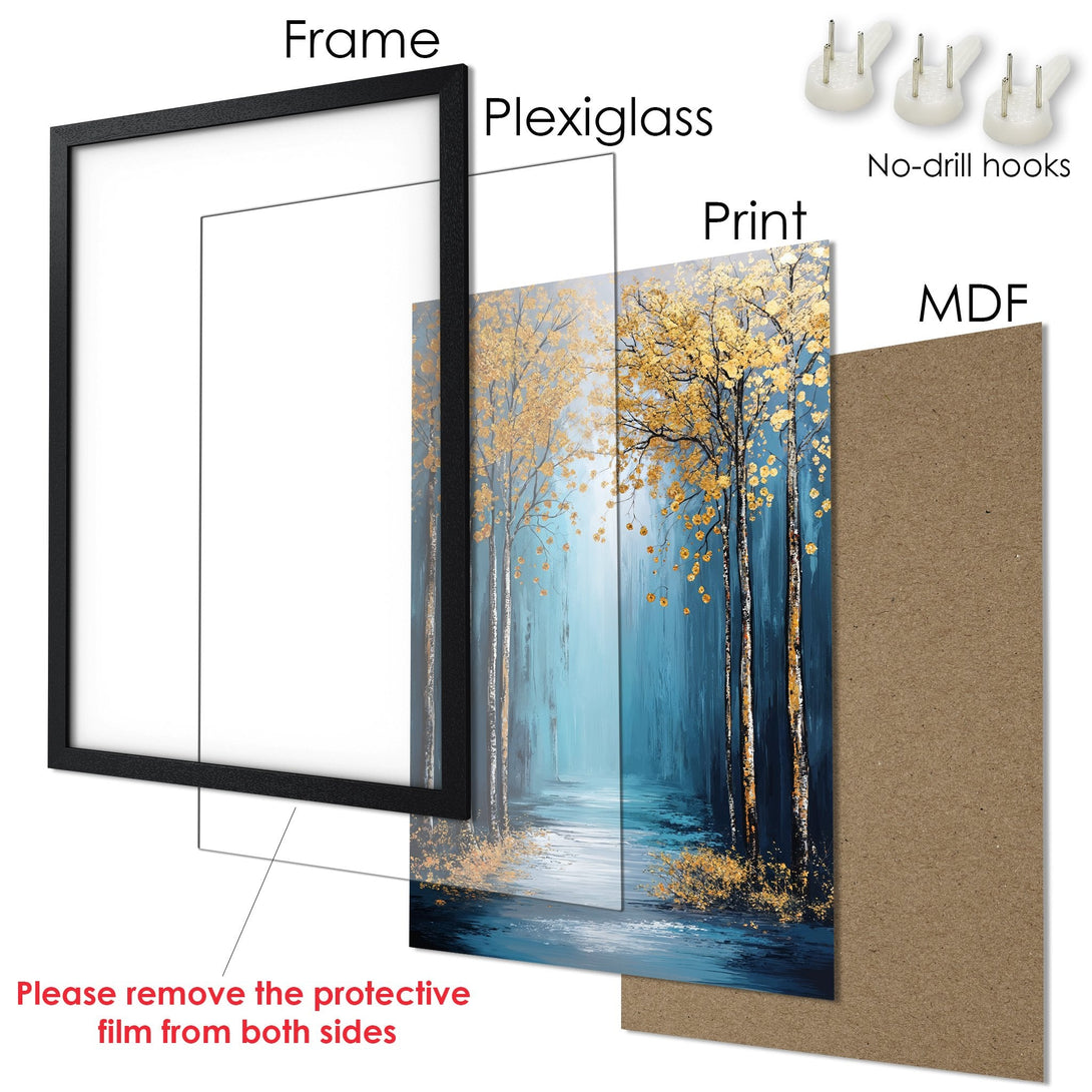 Framed Poster featuring golden trees on a teal background. Modern art style with a calming blue and gold color palette. Ready to hang!