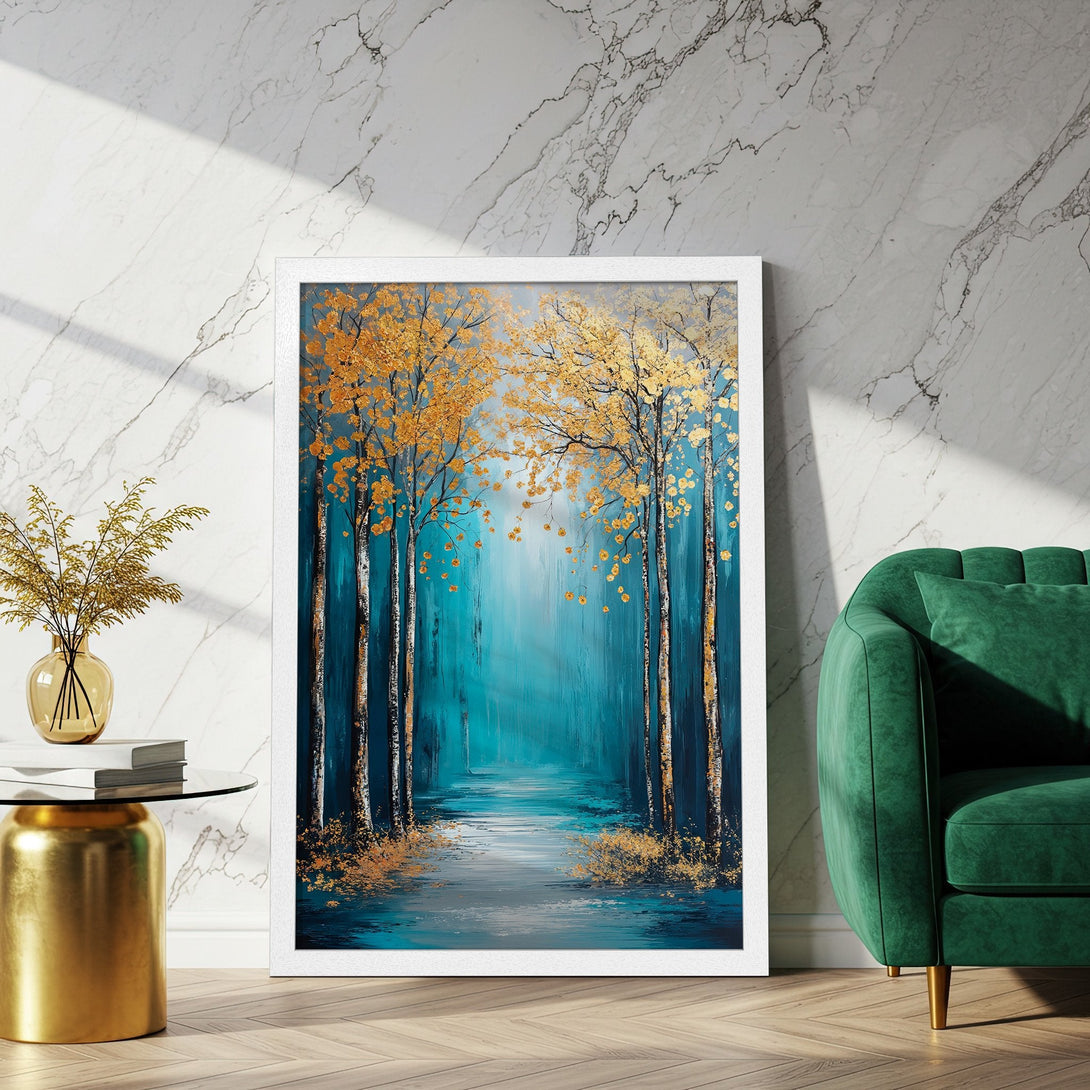 Framed Poster of a serene forest scene with gold and teal tones. Modern art style, perfect for home decor.