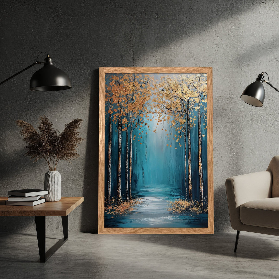 Framed Poster featuring a serene forest scene in teal and gold, perfect for adding a touch of nature-inspired art to your space.