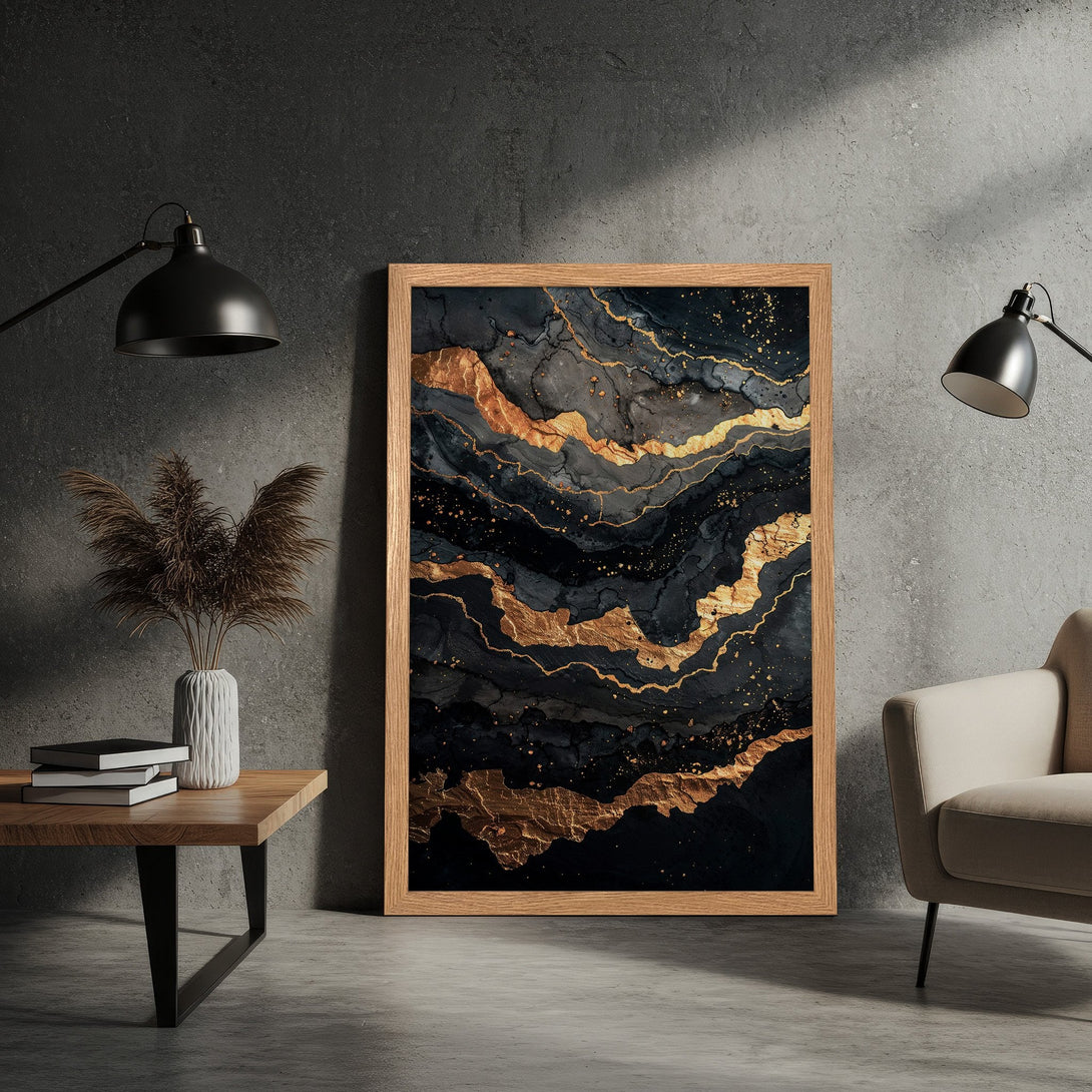 Framed Poster featuring abstract black and gold art. Modern style with a luxurious color palette. Perfect wall decor.