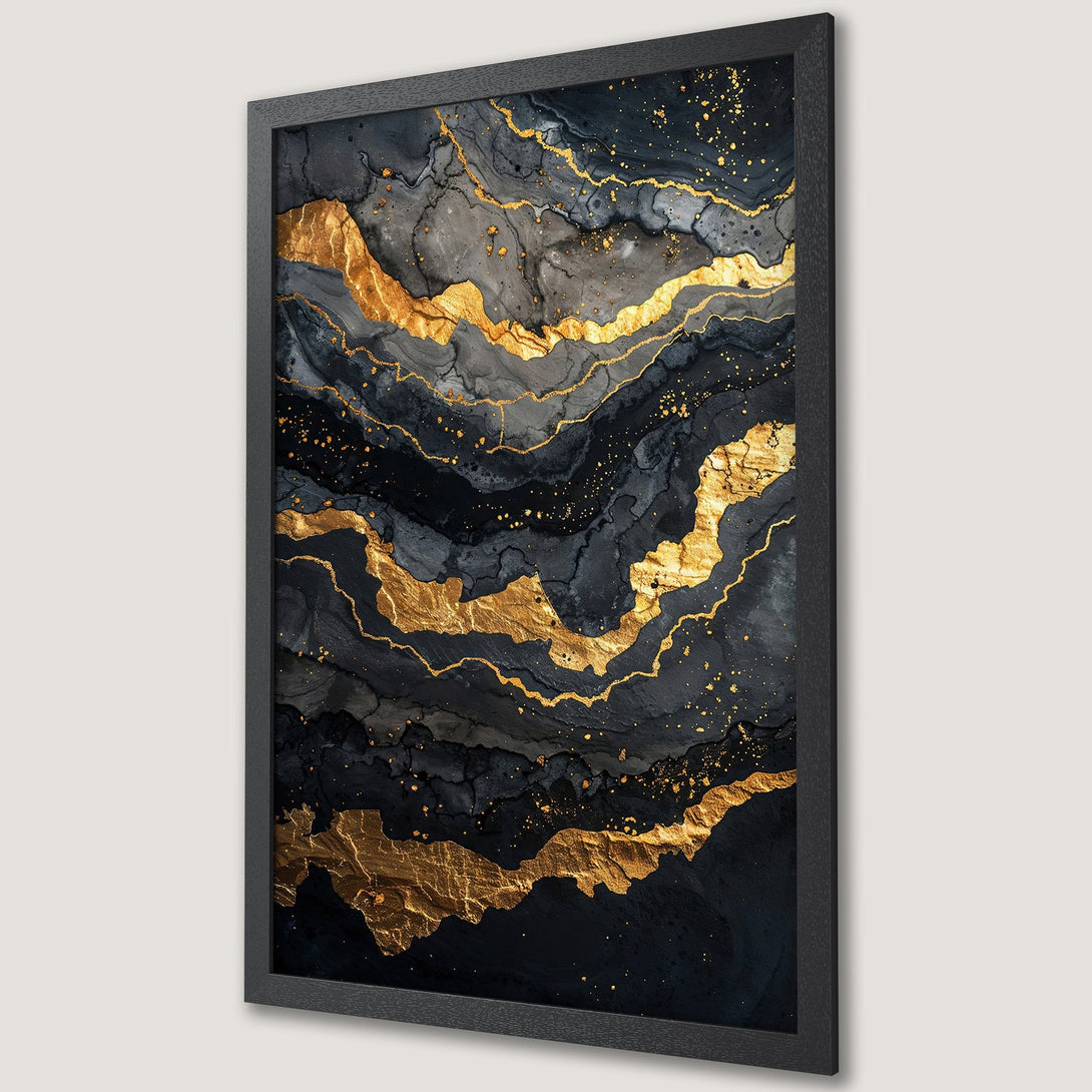 Framed Poster featuring abstract gold and black art, perfect for adding a touch of luxury and modern style to any space.