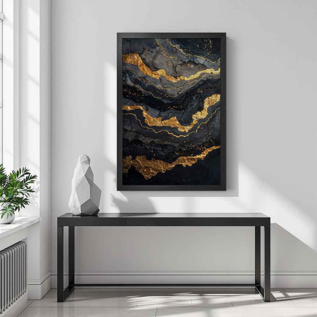 Framed Poster featuring abstract gold and black art, perfect for modern home decor.
