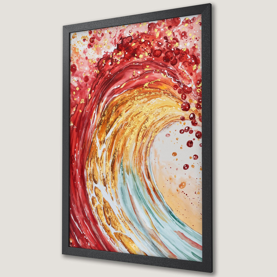Framed Poster featuring an abstract watercolor wave in red, gold, and orange hues. Perfect wall art for any space.