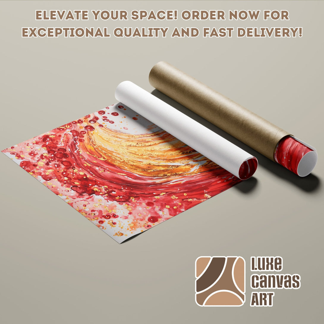 Abstract art poster roll in red, gold, and orange. Elevate your space with Luxe Canvas Art!