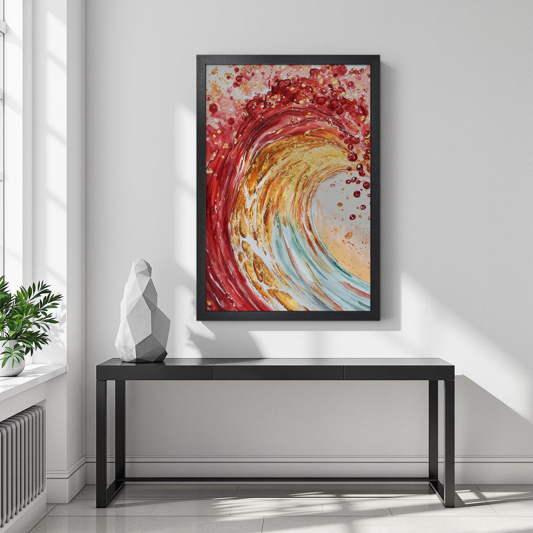 Framed Poster featuring an abstract wave design with red, gold, and teal tones. Modern art print for home decor.