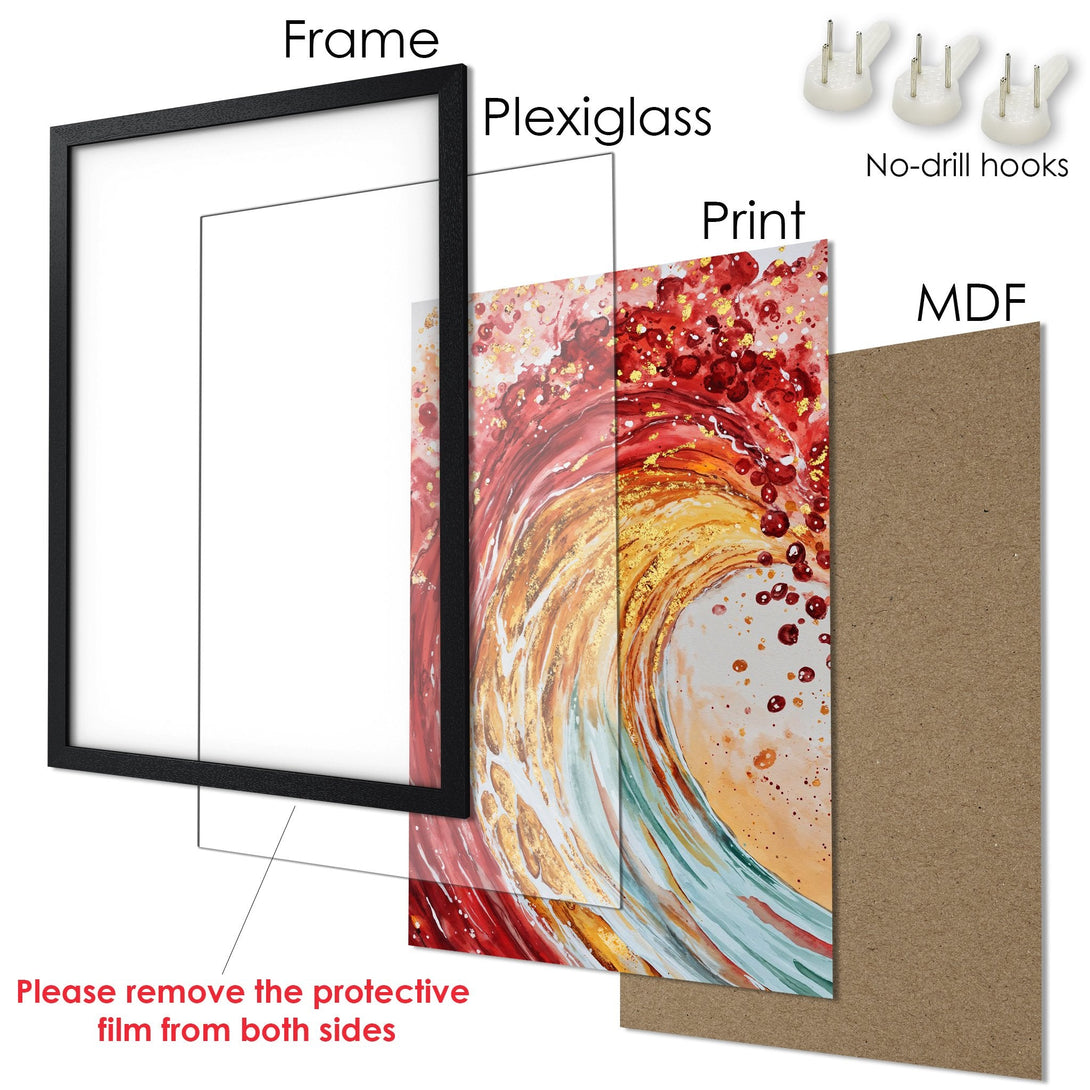 Framed Poster featuring an abstract watercolor wave in red, orange, and gold hues. Modern art print for home decor.
