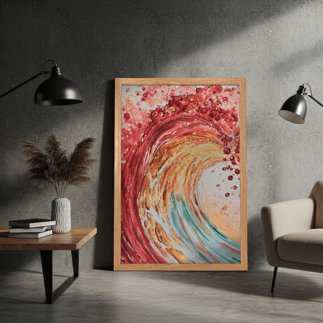 Framed Poster featuring an abstract wave art print. Modern style with a warm red, gold, and teal color palette. Perfect wall decor.
