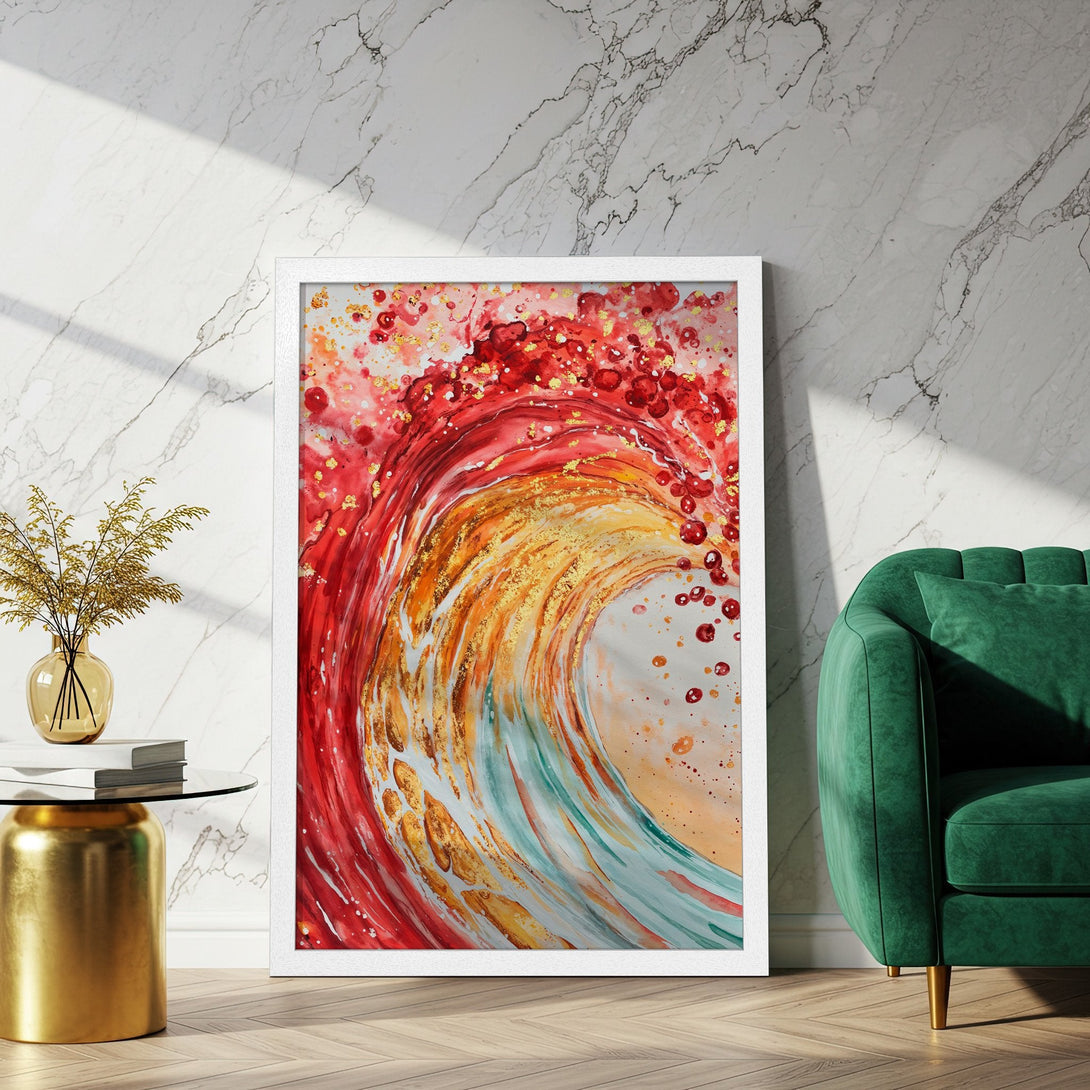 Framed Poster featuring abstract wave art in red, orange, and gold. Modern, vibrant decor for your home.