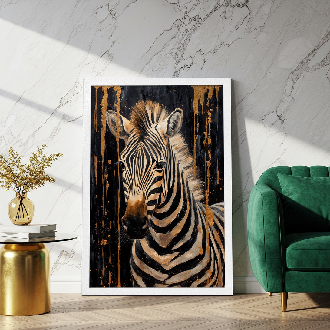 Framed Poster featuring a zebra portrait with gold accents on black background. Modern art style with a bold, luxurious color palette.