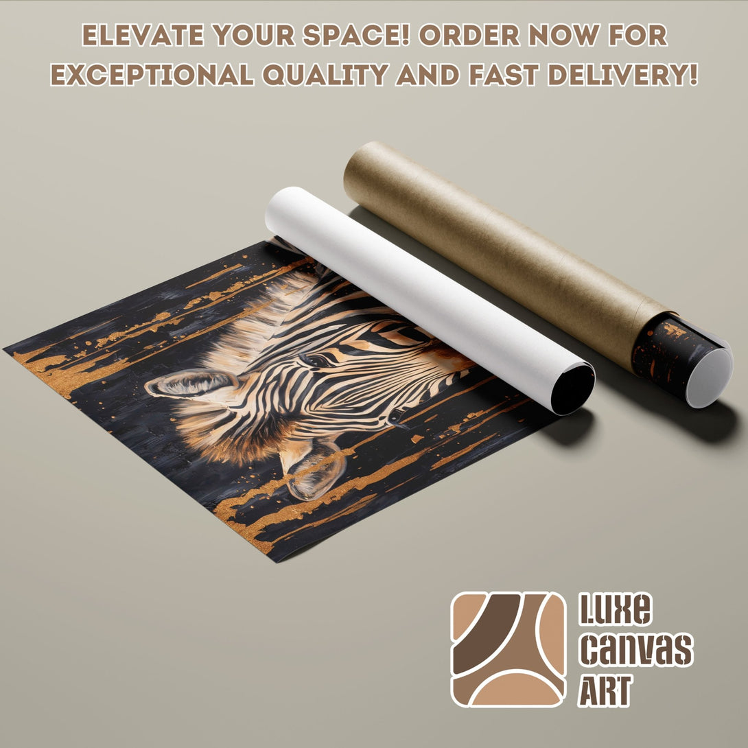 Zebra art poster roll. Modern abstract style with black, gold, and neutral color palette. Elevate your space with Luxe Canvas Art.