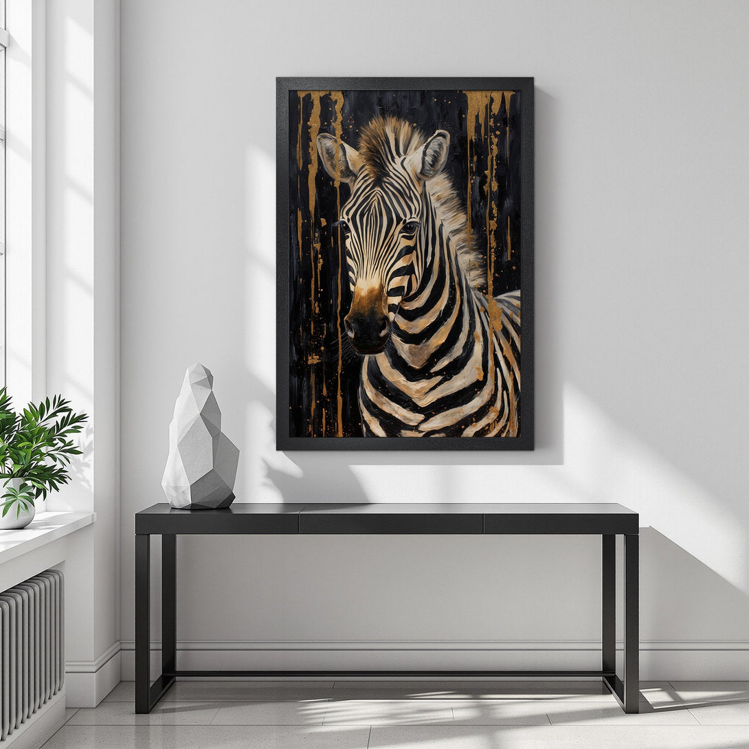 Framed Poster featuring a zebra portrait with gold accents on a black background. Modern art style, neutral color palette.