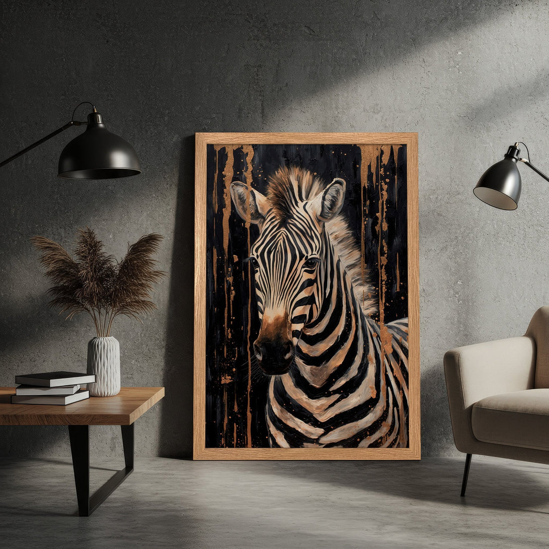 Framed Poster featuring a striking zebra artwork in black, gold, and neutral tones. Modern animal print art for your home!