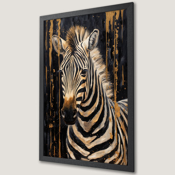Framed Poster featuring a zebra portrait in a modern, black and gold abstract style. Stunning wall art with a luxurious color palette.