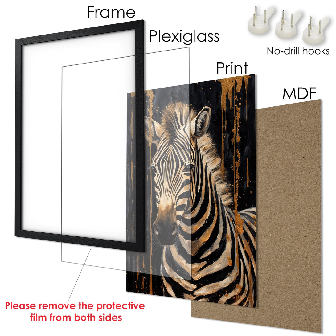 Framed Poster featuring a zebra in a modern, abstract style with a black, gold, and white color palette. Perfect wall art!