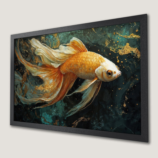 Framed Poster: Goldfish art print, abstract style, teal and gold color palette, perfect wall decor.