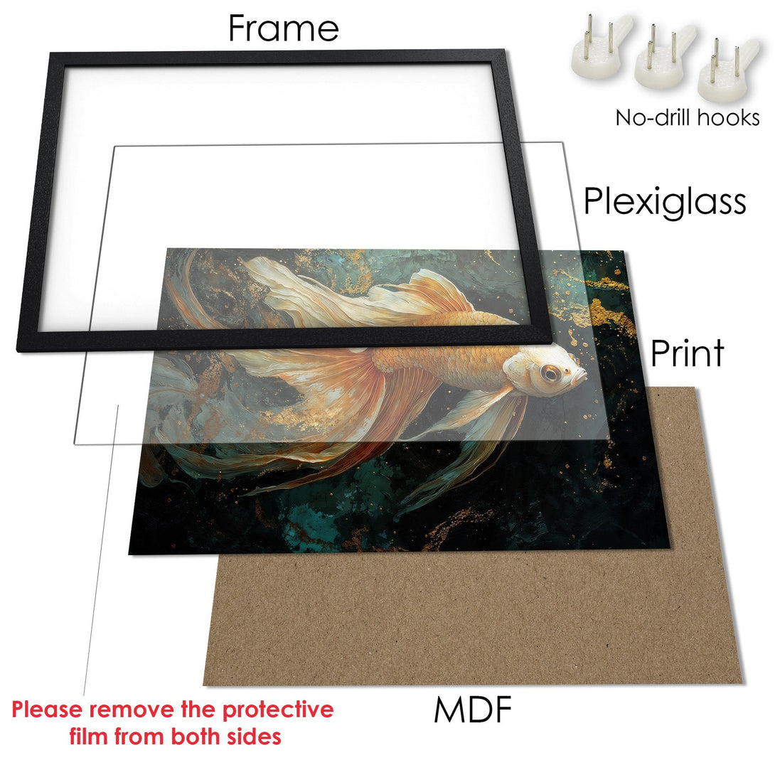 Framed Poster featuring a koi fish, artistic style with teal, gold, and orange hues. Elevate your decor with this stunning artwork!
