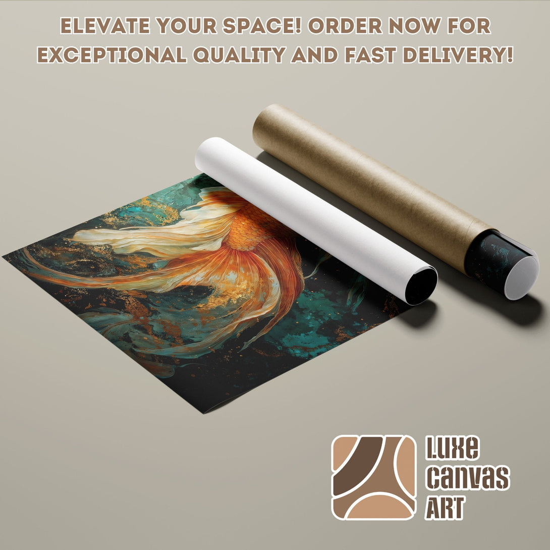 Abstract art Poster Roll with teal, gold, and orange hues. Elevate your space with Luxe Canvas Art!
