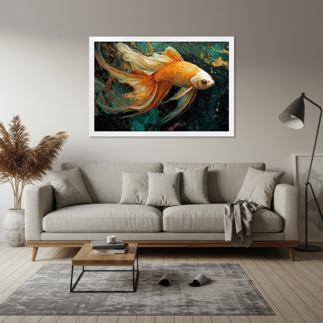 Framed Poster featuring a vibrant goldfish swimming. Artistic style with teal, gold, and orange hues. Perfect wall art for your home.