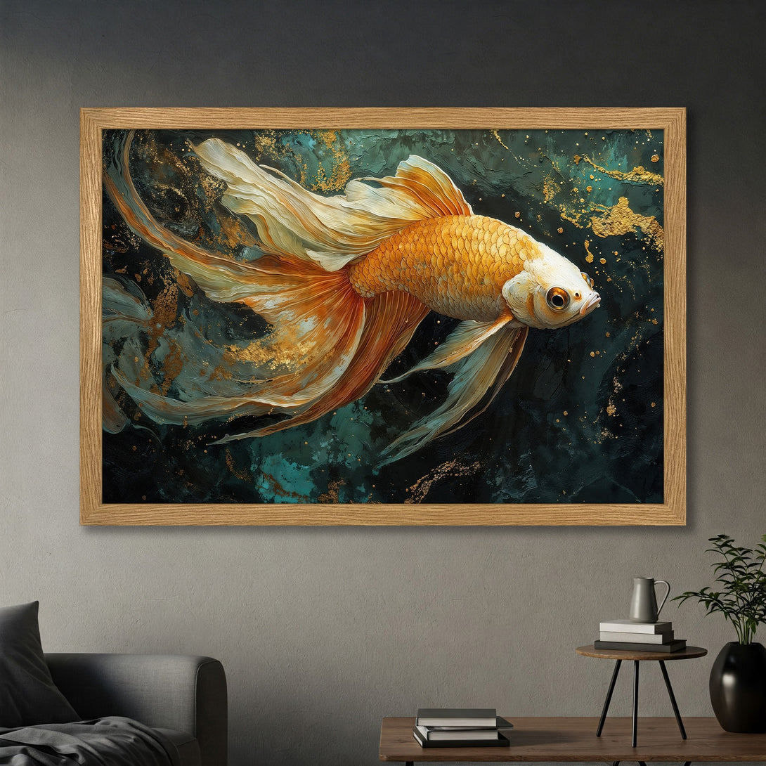 Framed Poster featuring a golden fish in an abstract style with teal, gold, and black color palette. Perfect wall art!