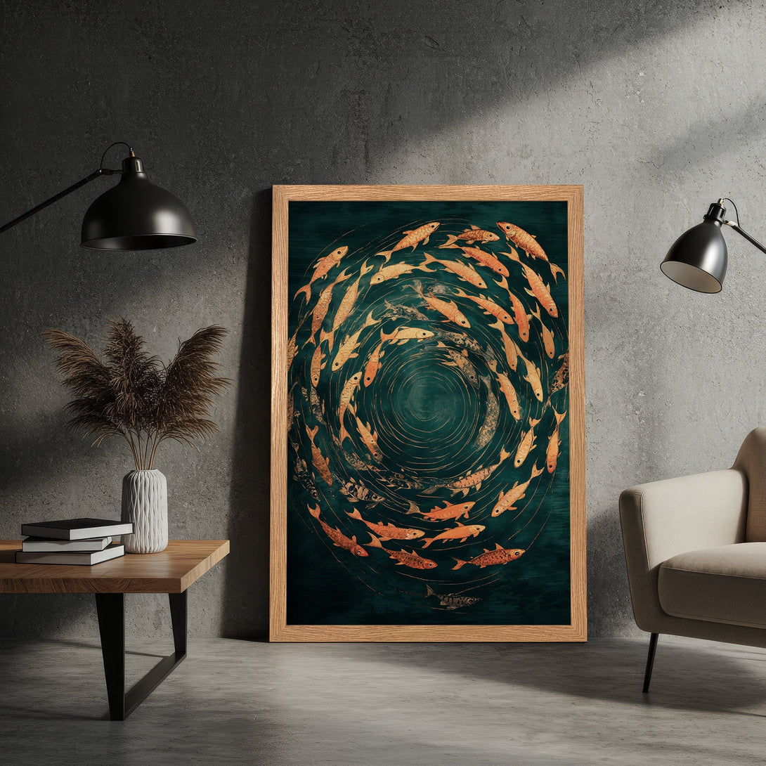 Framed Poster featuring a school of fish in an artistic, swirling design. Earthy tones of orange and teal create a calming aesthetic. Perfect wall art!