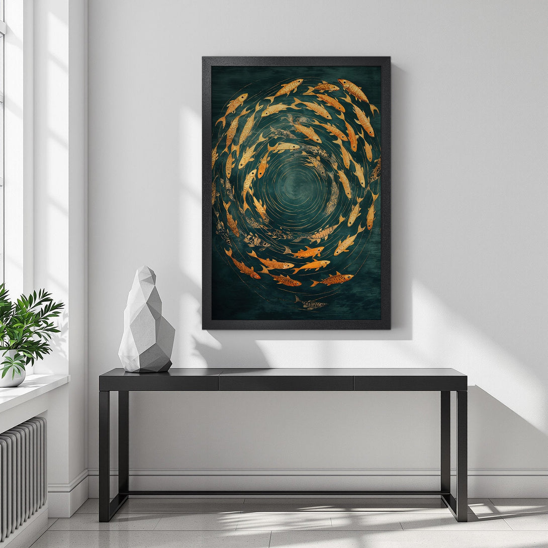 Framed Poster featuring a school of gold fish in a spiral on a teal background. Modern art style, elegant home decor.