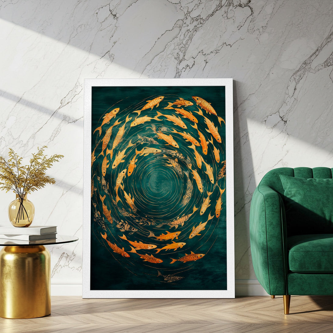 Framed Poster featuring a school of golden fish in a swirling pattern, on a teal background. Elegant art print with a modern style and warm color palette.