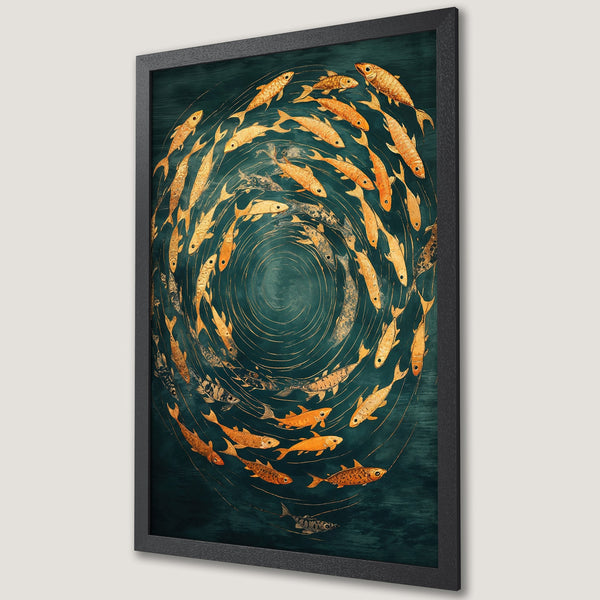Framed Poster featuring a school of golden fish in a swirling pattern against a teal background. Elegant art print.